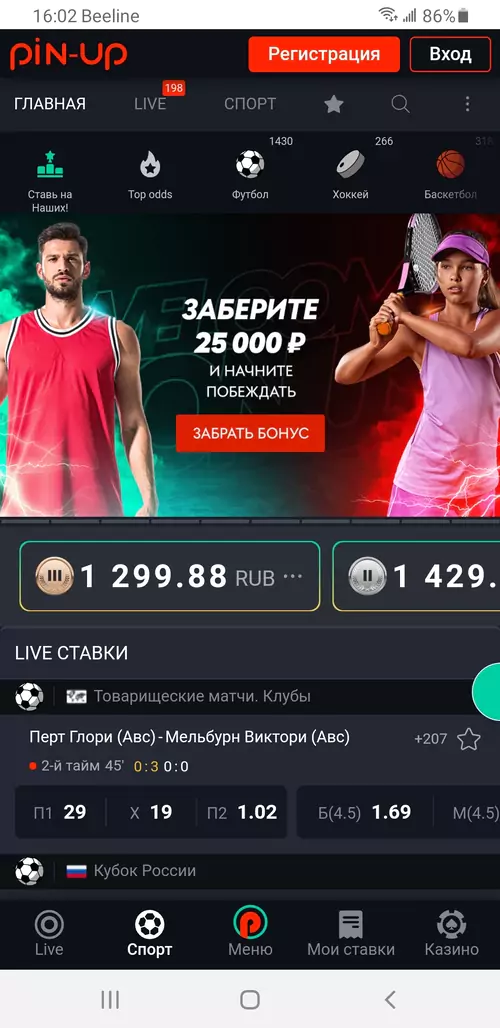 раздел ставок на спорт в приложении Pin-Up для андроид телефонов